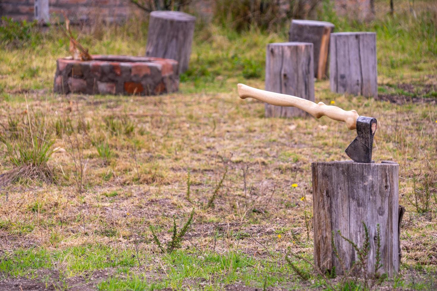 un'ascia in un blocco di legno foto