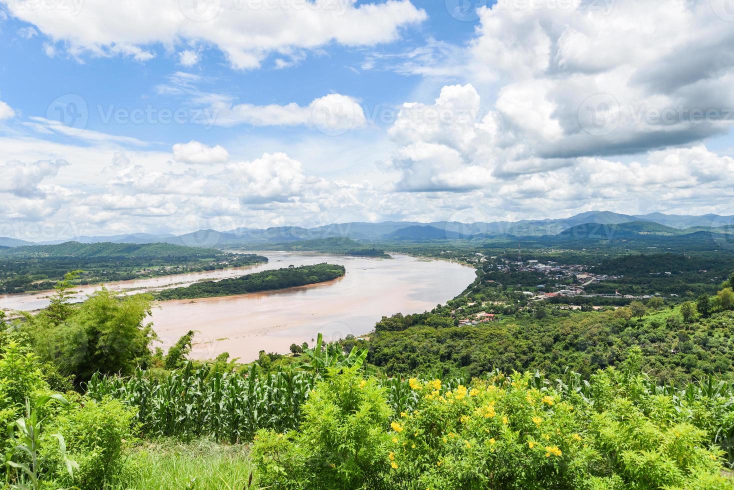 panorama della bellissima campagna della thailandia - vista sulla pianta di montagna e fiori gialli con il fiume e il cielo blu sullo sfondo foto