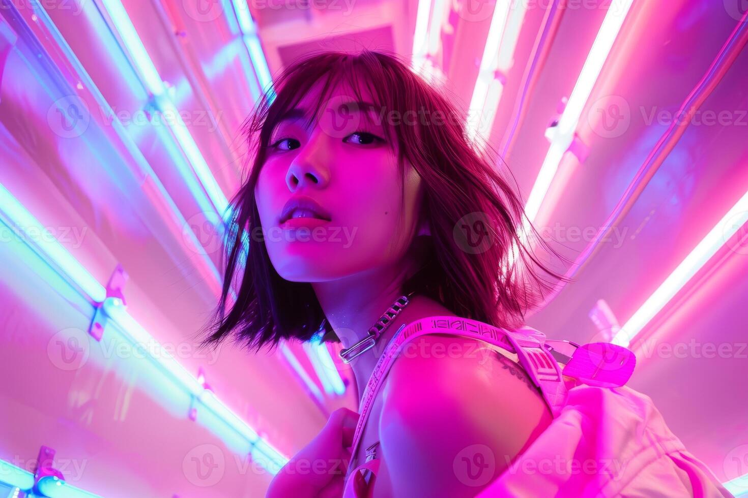 un asiatico ragazza nel luminosa Abiti pose per il telecamera nel un' neon camera. vibrazione parti foto