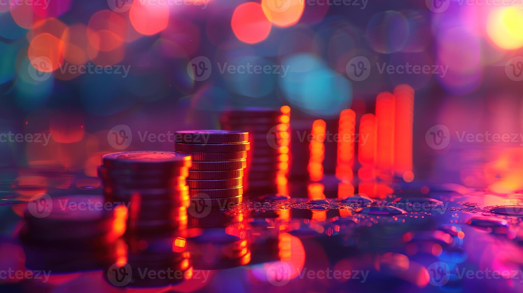 urbano finanza concetto con pile di monete illuminato di bokeh città luci, raffigurante economico crescita foto