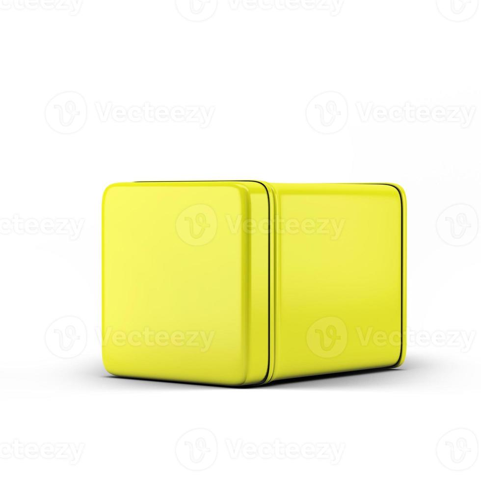 scatola di latta quadrata gialla mockup di imballaggio per il tuo progetto di design - mock up 3d illustrazione isolare su sfondo bianco. foto
