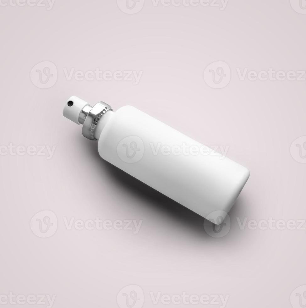3D rendering vuoto bianco cosmetico in plastica flacone spray isolato su sfondo grigio. adatto per il tuo design di mockup. foto