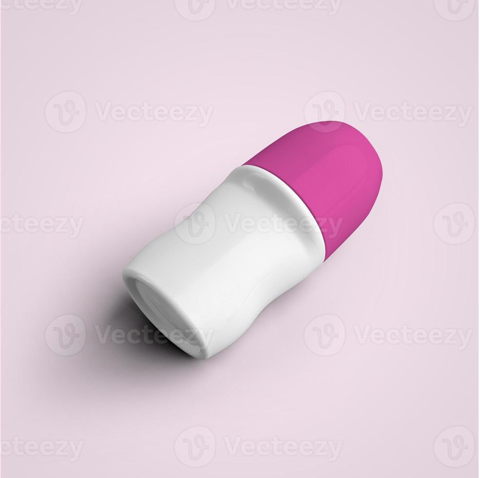 3d che rende il rotolo bianco in bianco sulla bottiglia di plastica del deodorante con il cappuccio rosa isolato su fondo grigio. adatto per il tuo design di mockup. foto