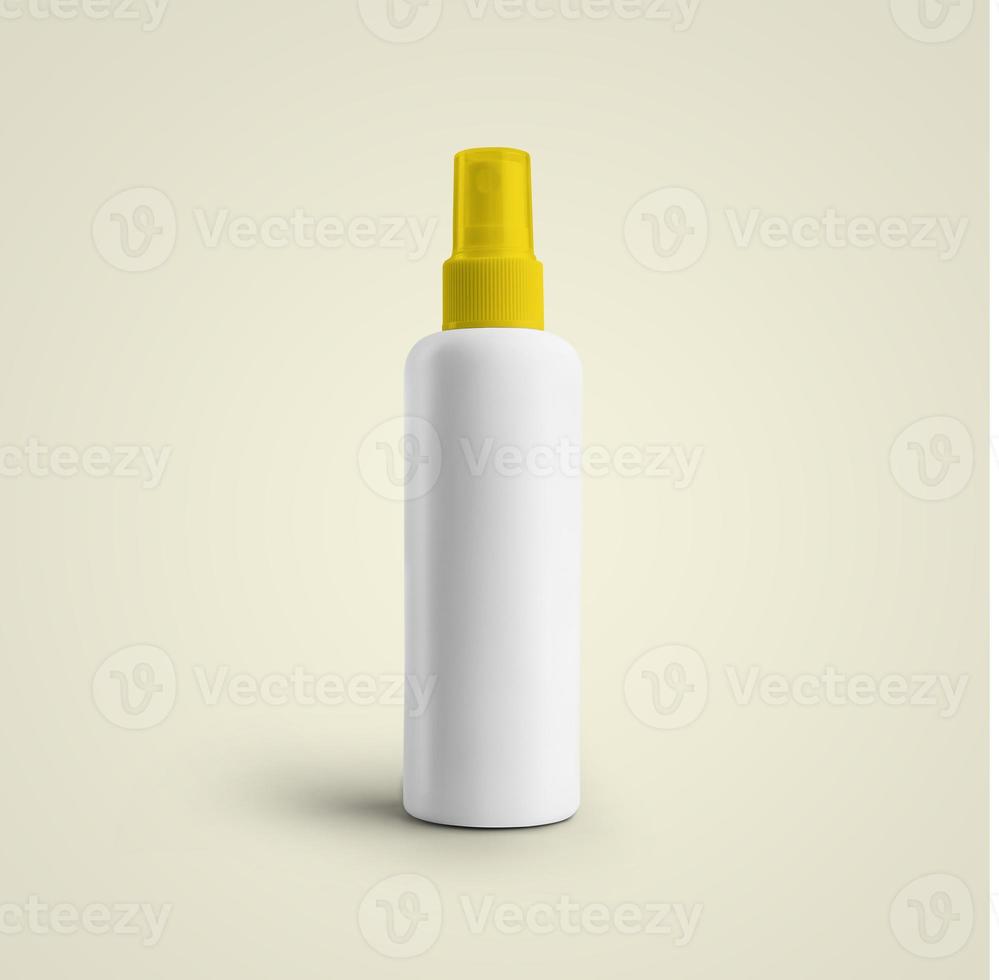 3d che rende il flacone spray in plastica cosmetica bianco vuoto con tappo  giallo isolato su sfondo grigio. adatto per il tuo design di mockup.  4558627 Stock Photo su Vecteezy