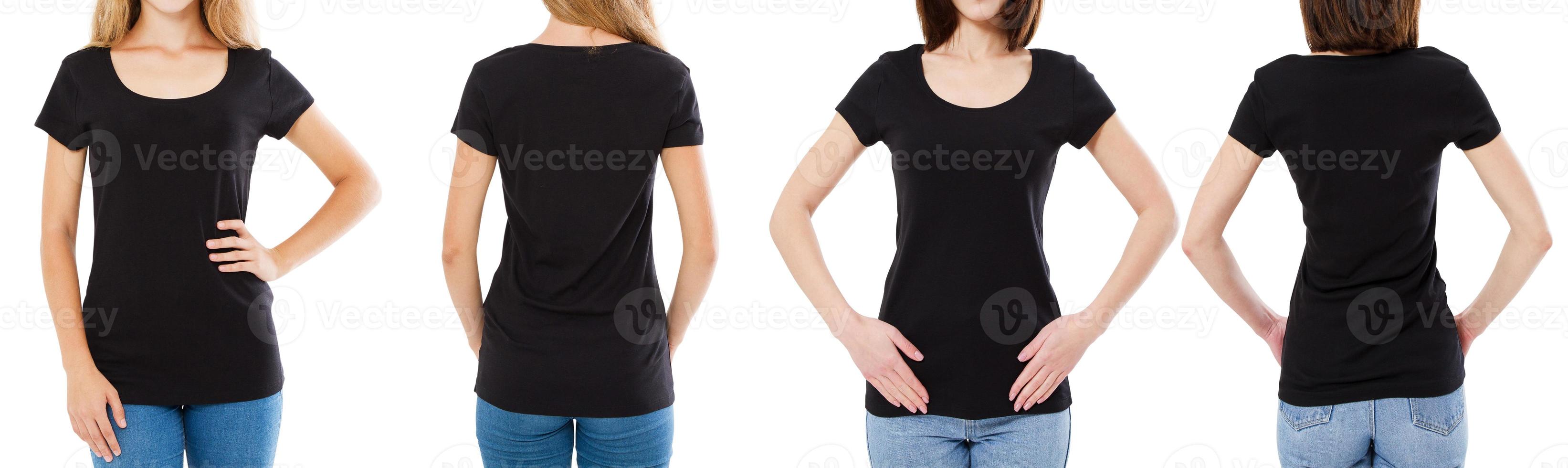 due donne in t-shirt nera immagine ritagliata vista anteriore e posteriore, set di t-shirt, t-shirt mockup vuota foto