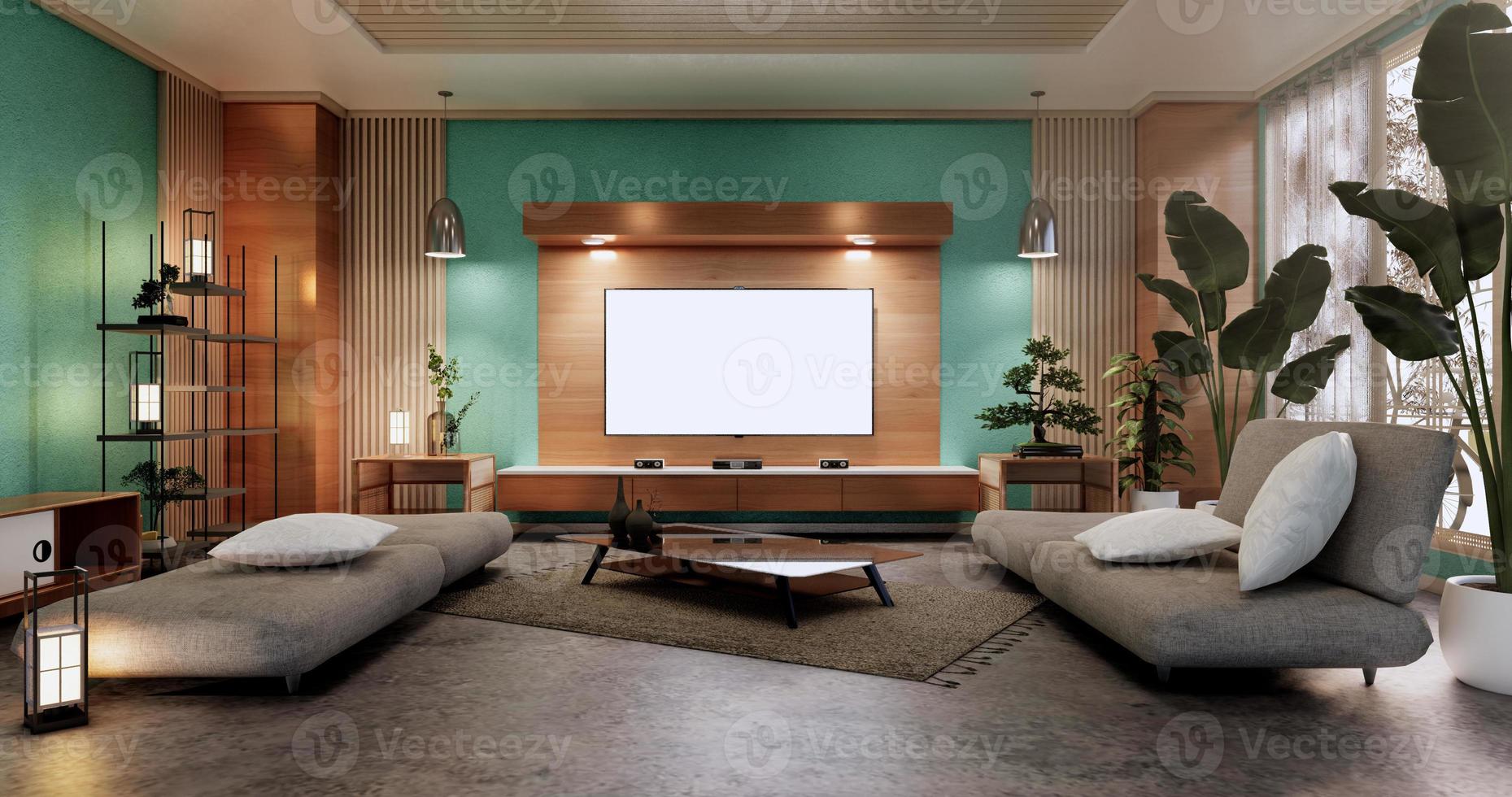 mobile mock up, soggiorno minimal mint, pavimento in tatami e poltrona design.3d rendering foto