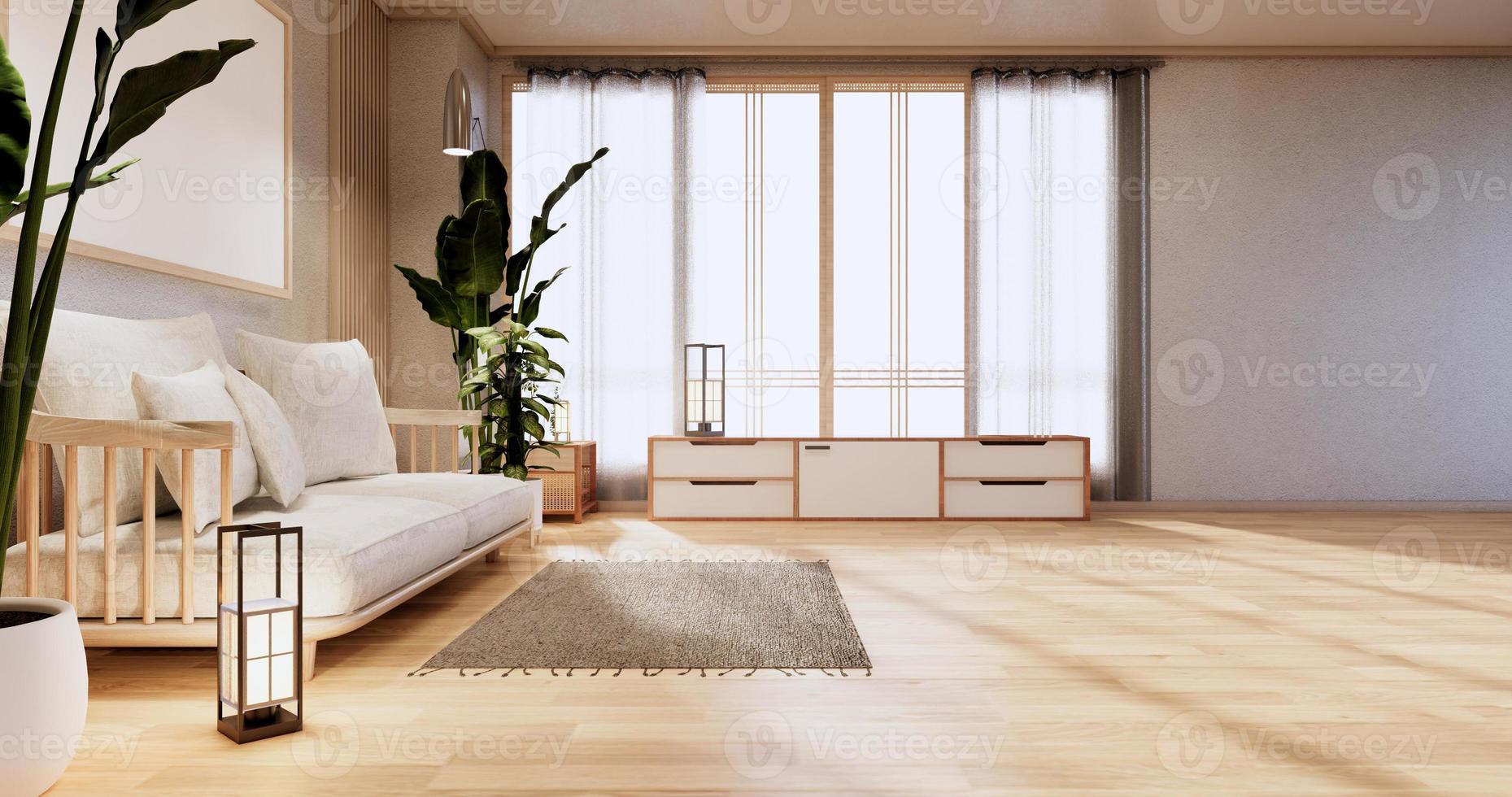 armadio in soggiorno con pavimento in tatami e divano poltrona design.3d rendering foto