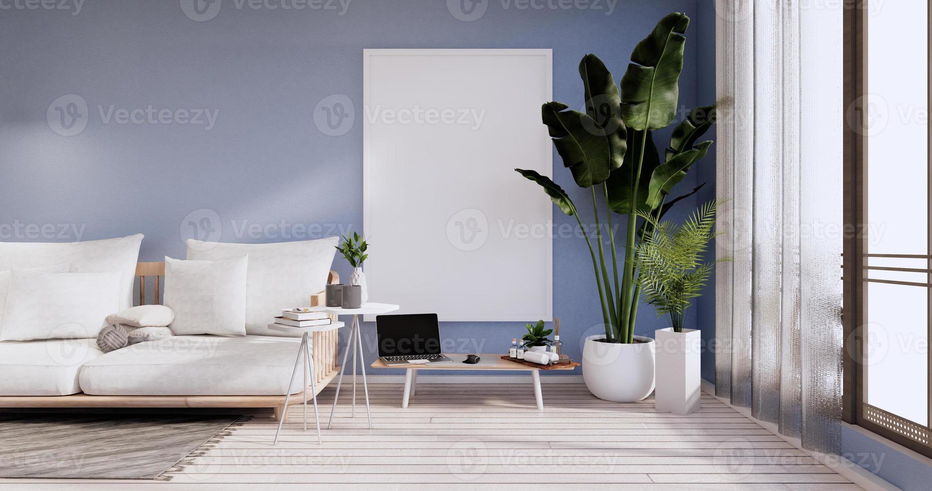 interni minimalisti, mobili per divani e piante, design moderno della stanza del cielo blu. Rendering 3d foto
