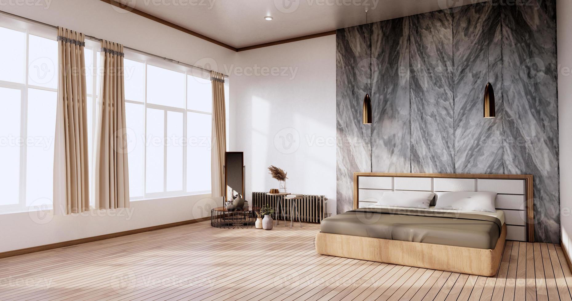 interni eleganti e minimalisti di una moderna camera in legno con un letto confortevole.3d rendering foto