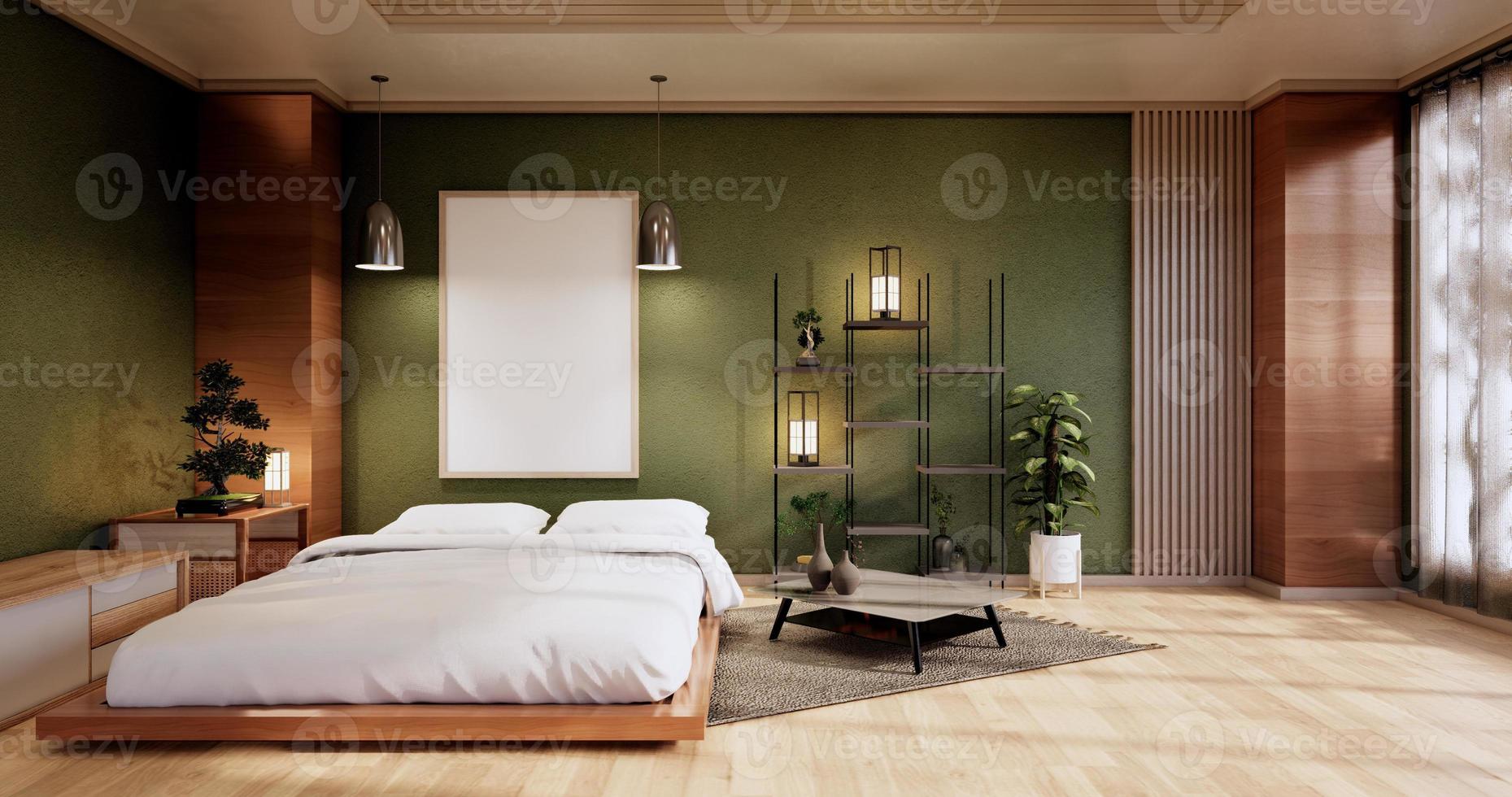 interno mock up con pianta da letto zen e decoartion in camera da letto verde giapponese. rendering 3D. foto