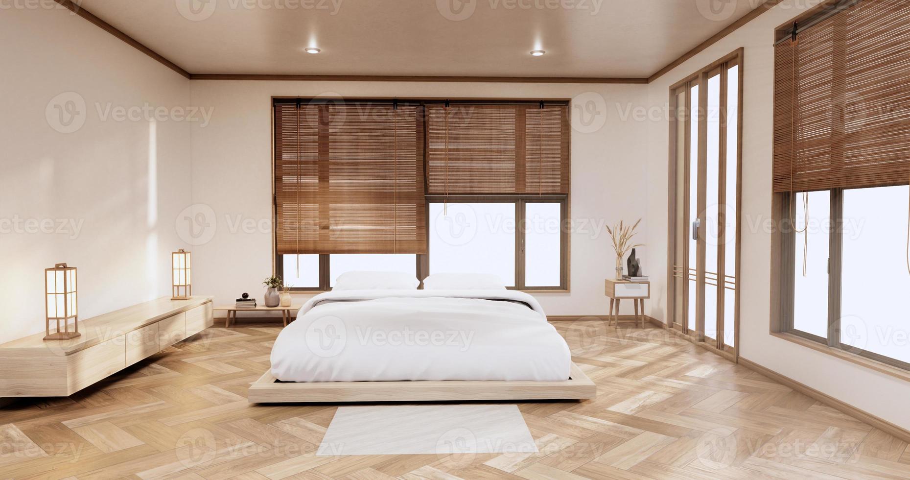 interni eleganti e minimalisti di una moderna camera in legno con un letto confortevole.3d rendering foto