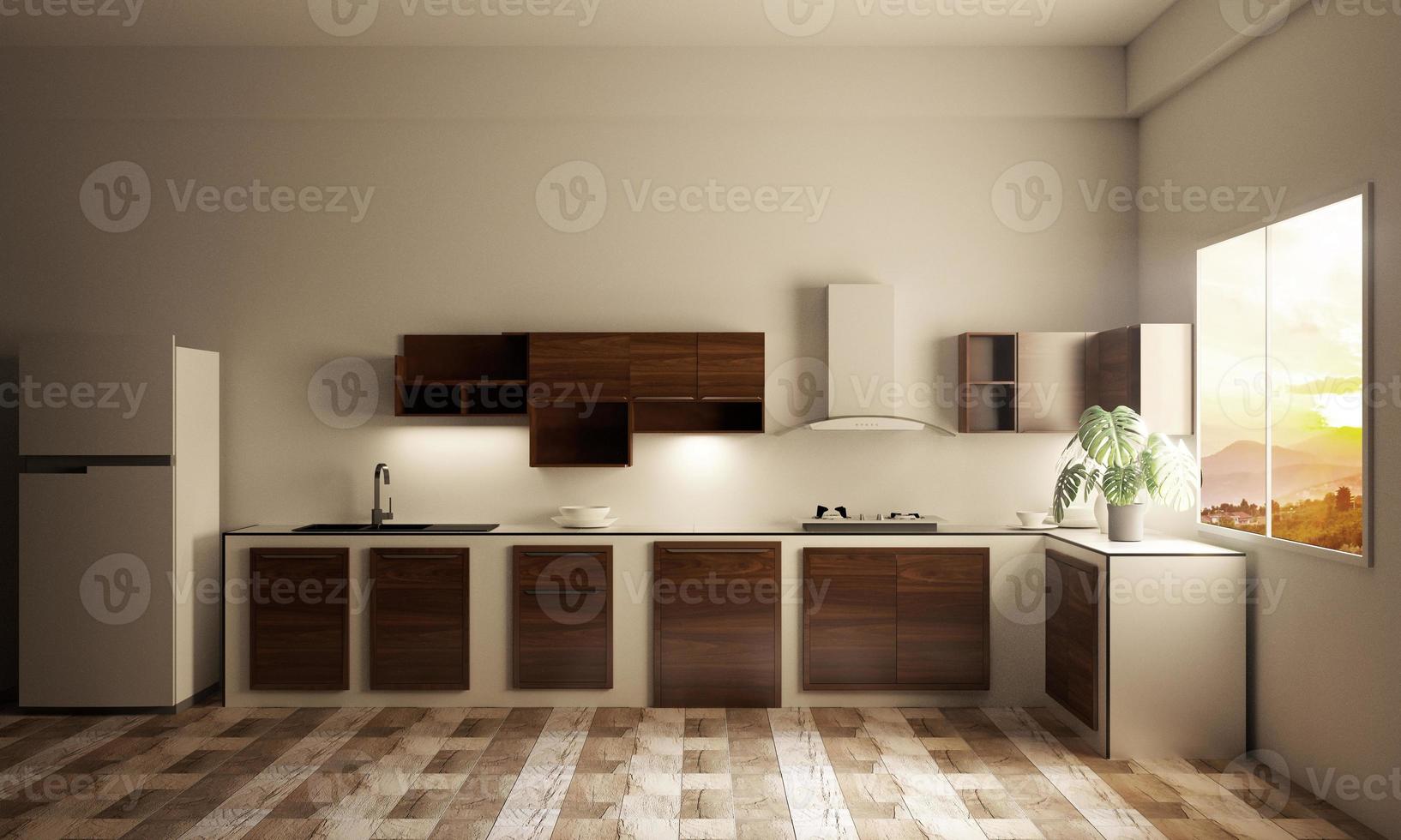 interno della stanza della cucina con bancone della cucina su piastrelle di legno. rendering 3d foto