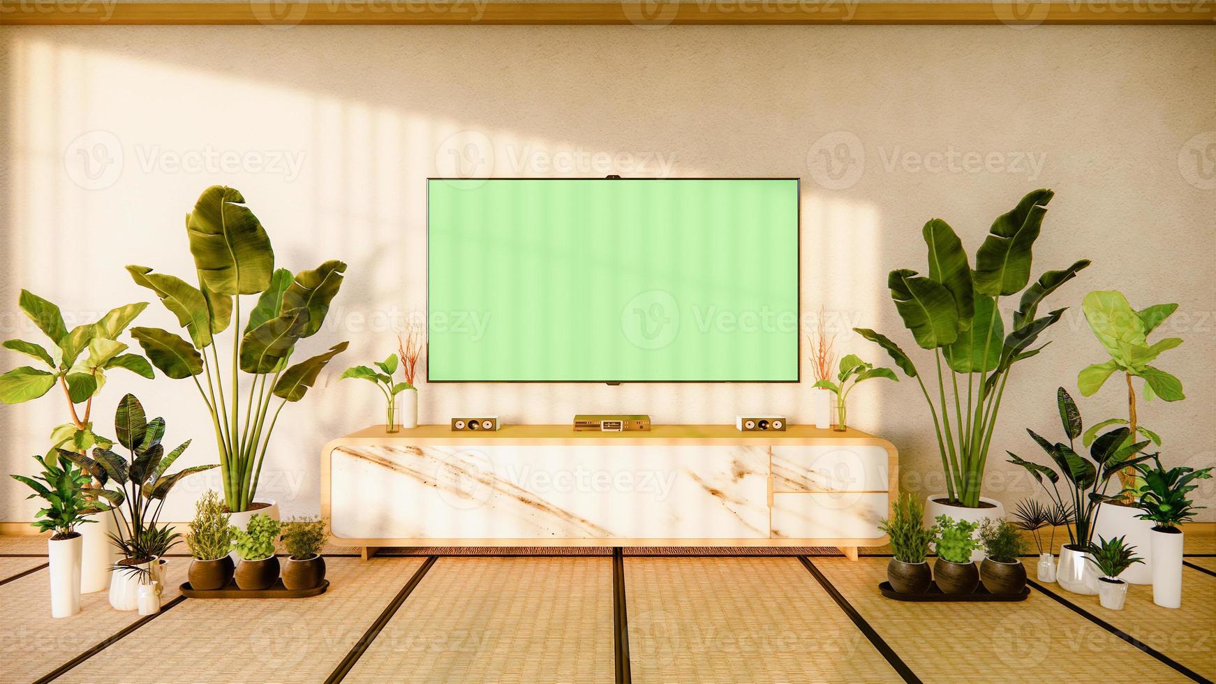 mobile tv in soggiorno giapponese su sfondo bianco parete, rendering 3d foto