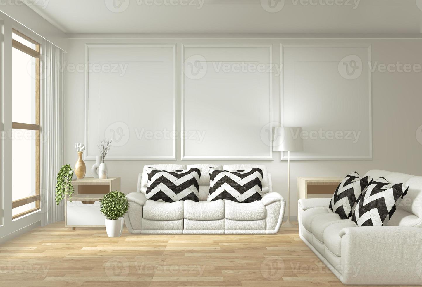 moderno soggiorno zen interno con divano e piante verdi design minimale giapponese. rendering 3D. foto