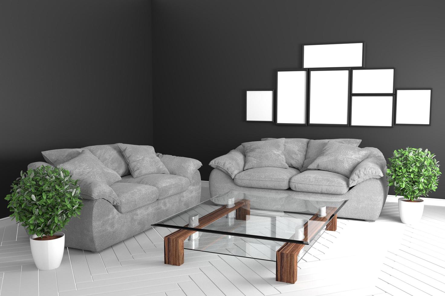 interno della stanza nera - moderno concetto di stile tropicale con divano nero e piante su pavimento bianco su muro nero. rendering 3d foto