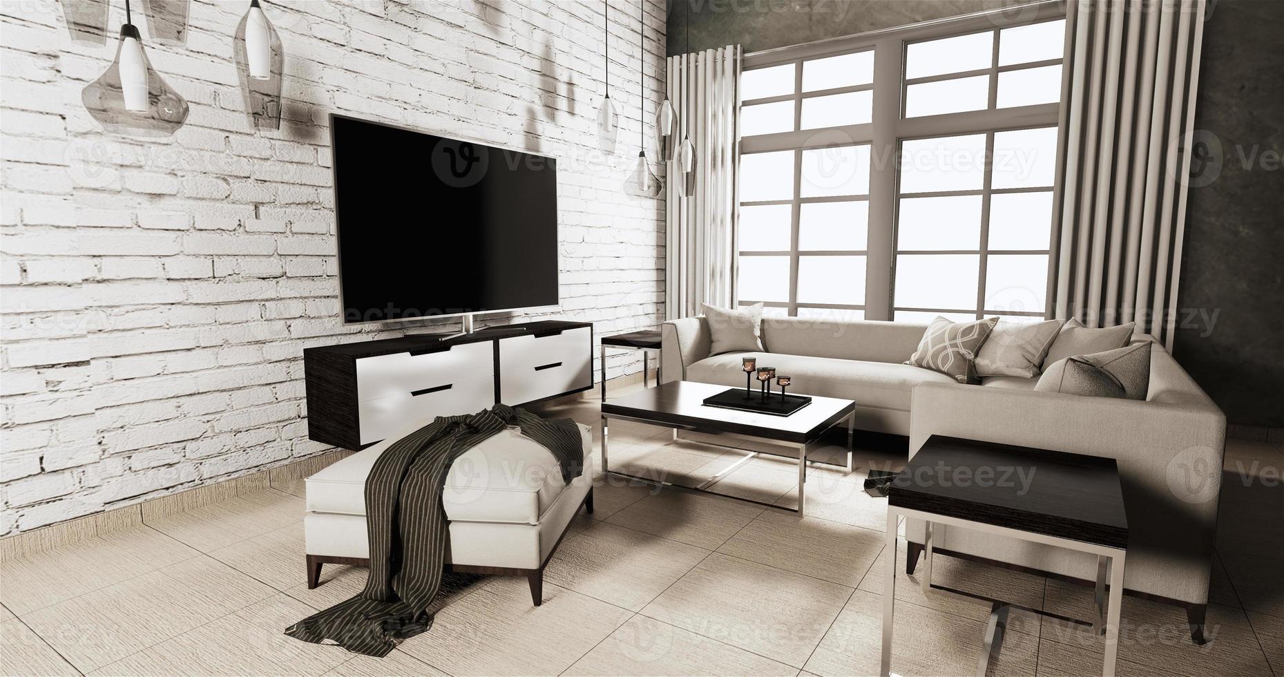 smart tv su mobile in soggiorno in stile loft con muro di mattoni bianchi su pavimento in legno e poltrona divano.3d rendering foto