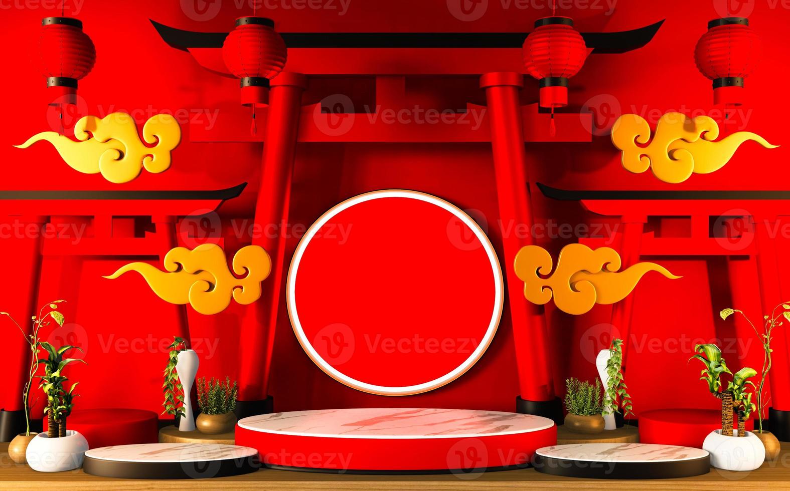 podio - piedistallo per prodotti tradizionali giapponesi per l'editing. arrossamento 3d foto