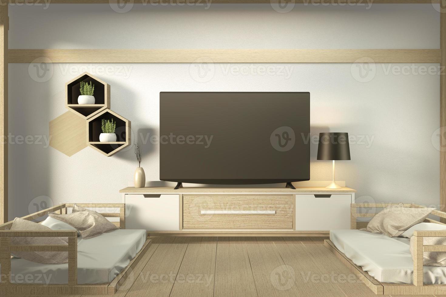 mobile tv in una moderna stanza vuota giapponese - stile zen, design minimale. rendering 3d foto