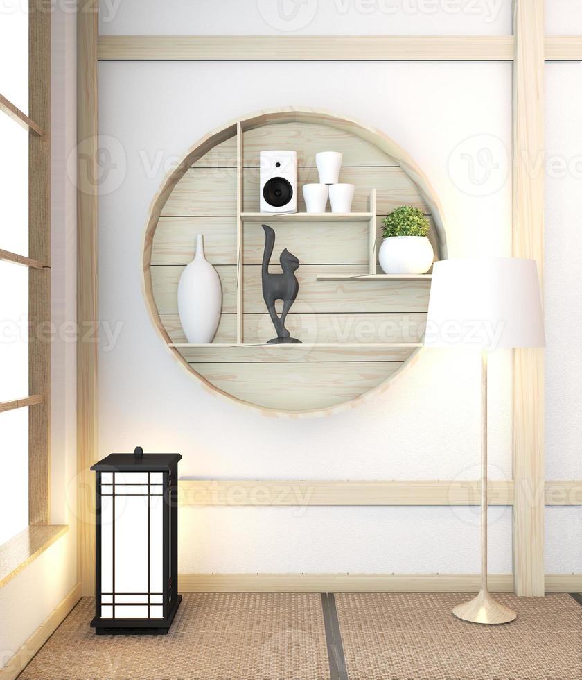 zen camera moderna interni giapponesi con mensola in legno idea di design della camera giappone e tatami.3d rendering foto