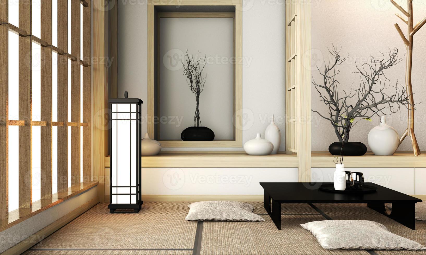 camera in stile molto zen con decorazioni in stile giapponese su tatami mat.3d rendering foto