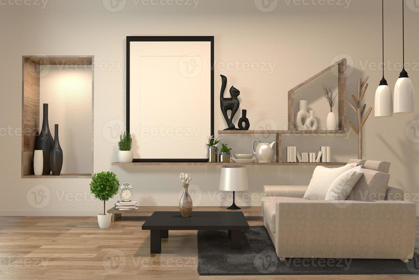 minimal interior design camera in stile zen con divano, poltrona, tavolino basso e decorazione design in stile giapponese luce nascosta nella parete dello scaffale. Rendering 3d foto