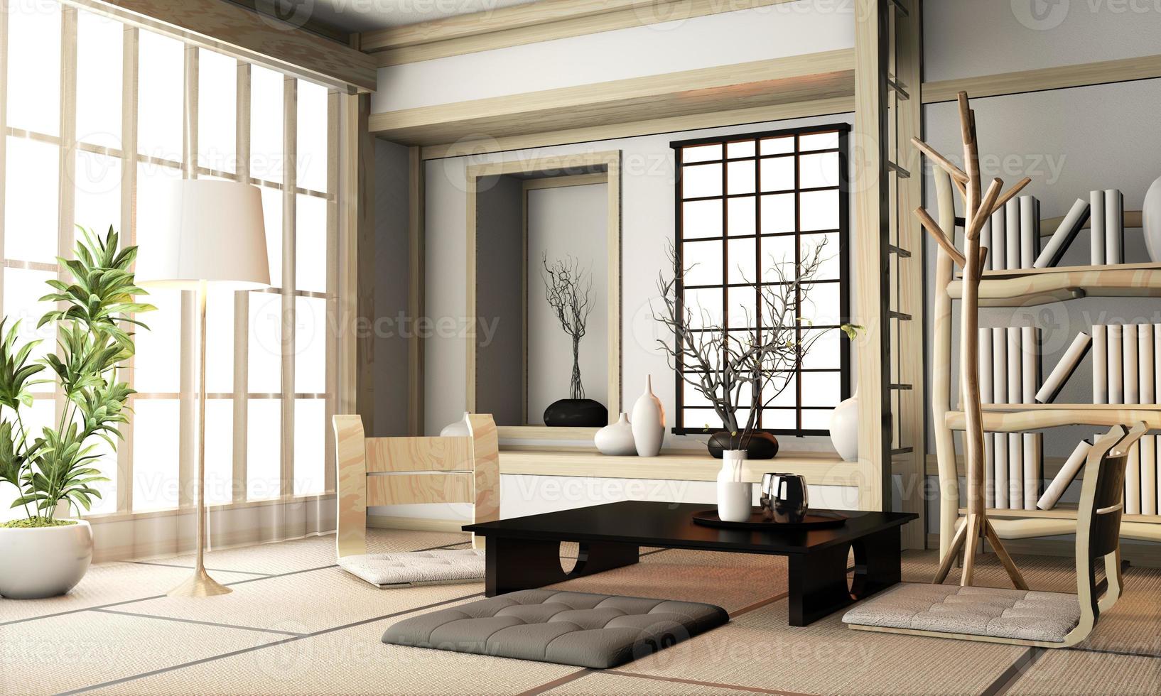 ryokan soggiorno in stile giapponese con pavimento in tatami e decorazione.3d rendering foto