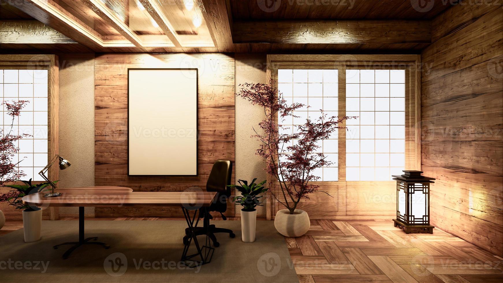 interni in legno sala conferenze Cina con pavimento in legno su sfondo bianco parete - stanza vuota interno sala affari. rendering 3d foto