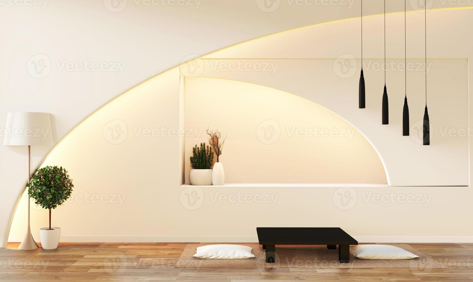 soggiorno bianco moderno in stile zen. soggiorno tranquillo e sereno. decorazione con oggetto orientale e luce nascosta.3d rendering foto
