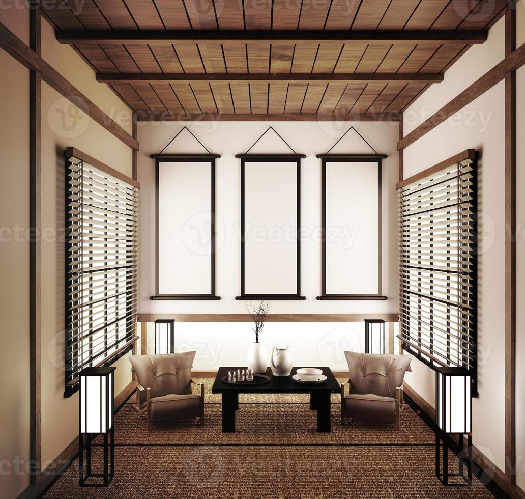 interior design, soggiorno moderno con tatami e porta tradizionale giapponese sulla migliore vista della finestra. rendering 3d foto