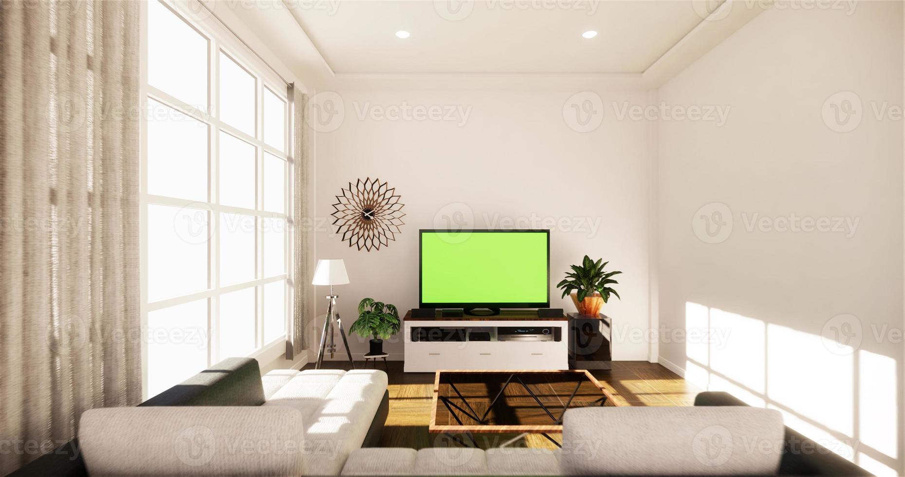 smart tv mockup con schermo nero vuoto appeso all'arredamento dell'armadio, soggiorno moderno in stile zen. rendering 3d foto