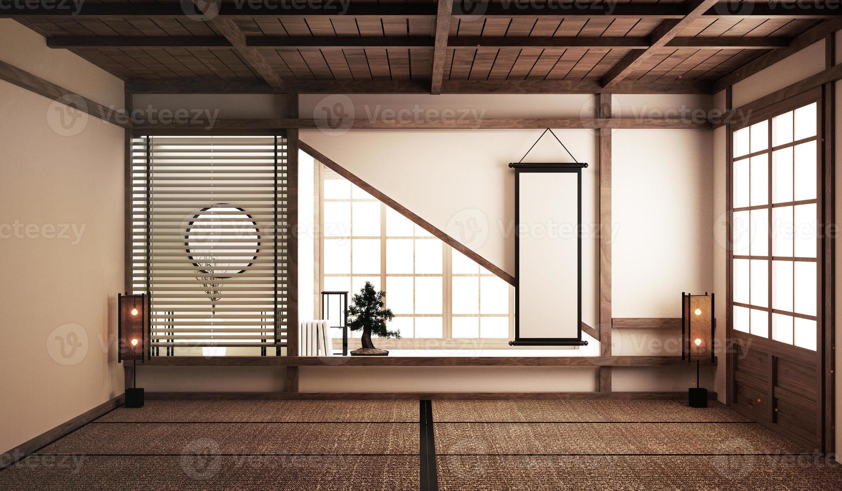 interior design, soggiorno moderno con tavolo basso, poltrone, albero bonsai e decorazioni in stile giapponese. rendering 3d foto