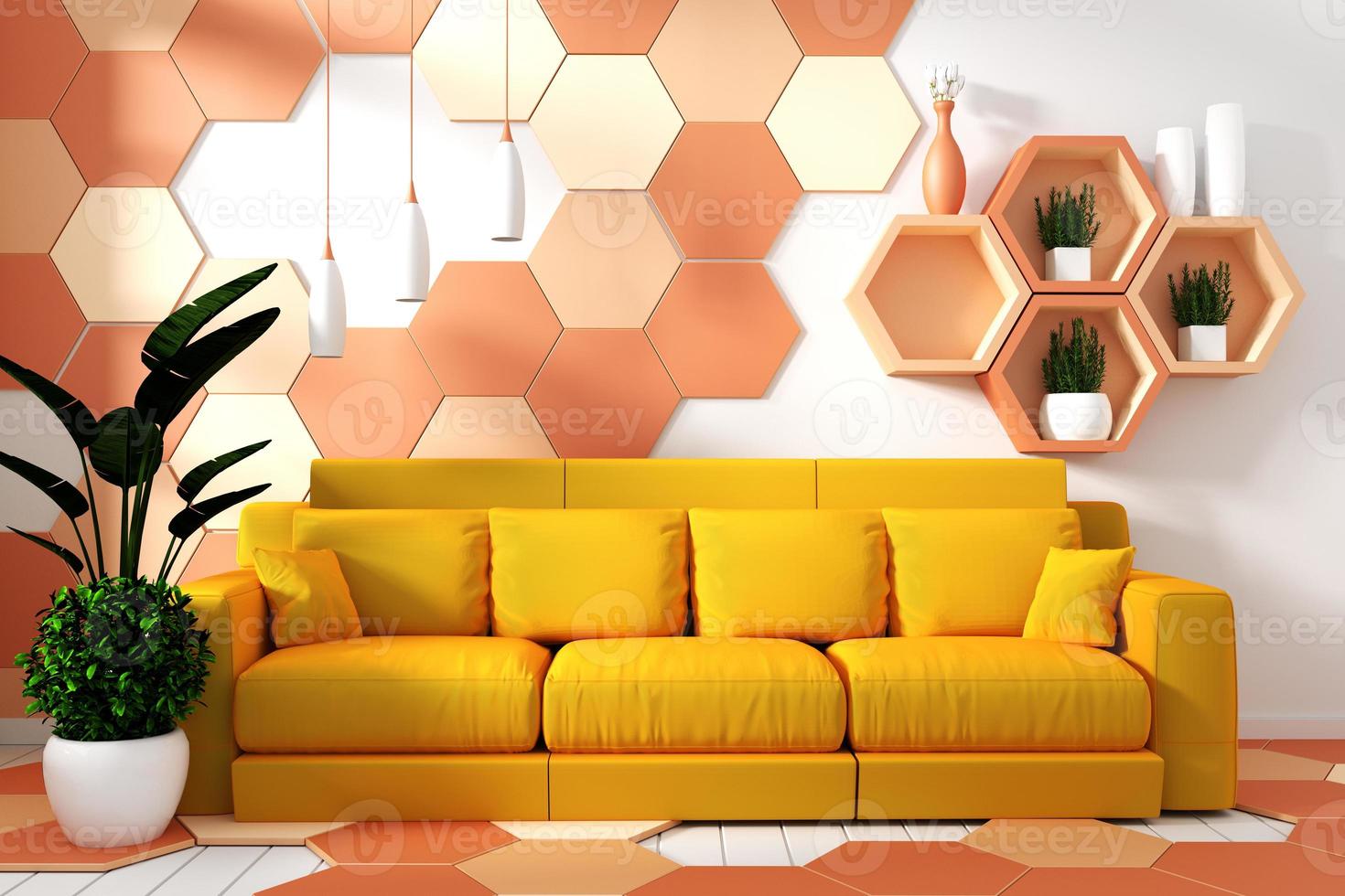 interno moderno del soggiorno con decorazione della poltrona e piante verdi su fondo esagonale giallo e arancione della parete di struttura delle mattonelle, design minimale, rendering 3d. foto