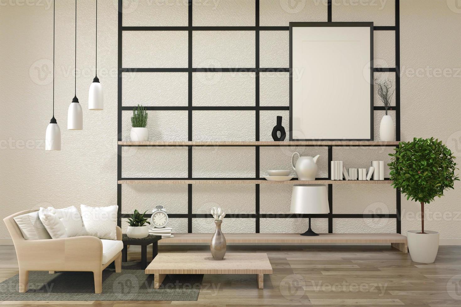 soggiorno zen moderno e minimalista con pavimento in legno e arredamento in stile giapponese. Rendering 3d foto