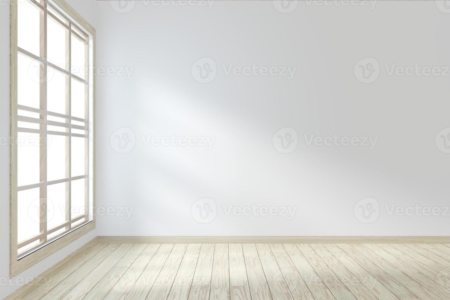 idea di stanza vuota interni in stile zen pavimento in legno su bianco parete vuota.3d rendering foto
