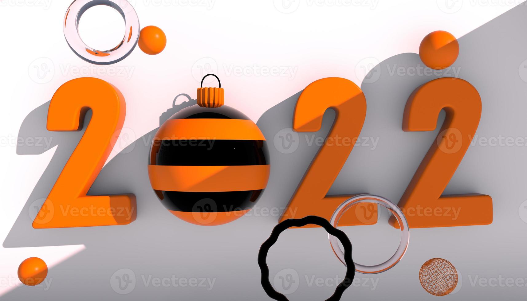 felice anno nuovo 2022. numeri 3d con forme geometriche e palla di natale su sfondo bianco. rendering 3D. foto