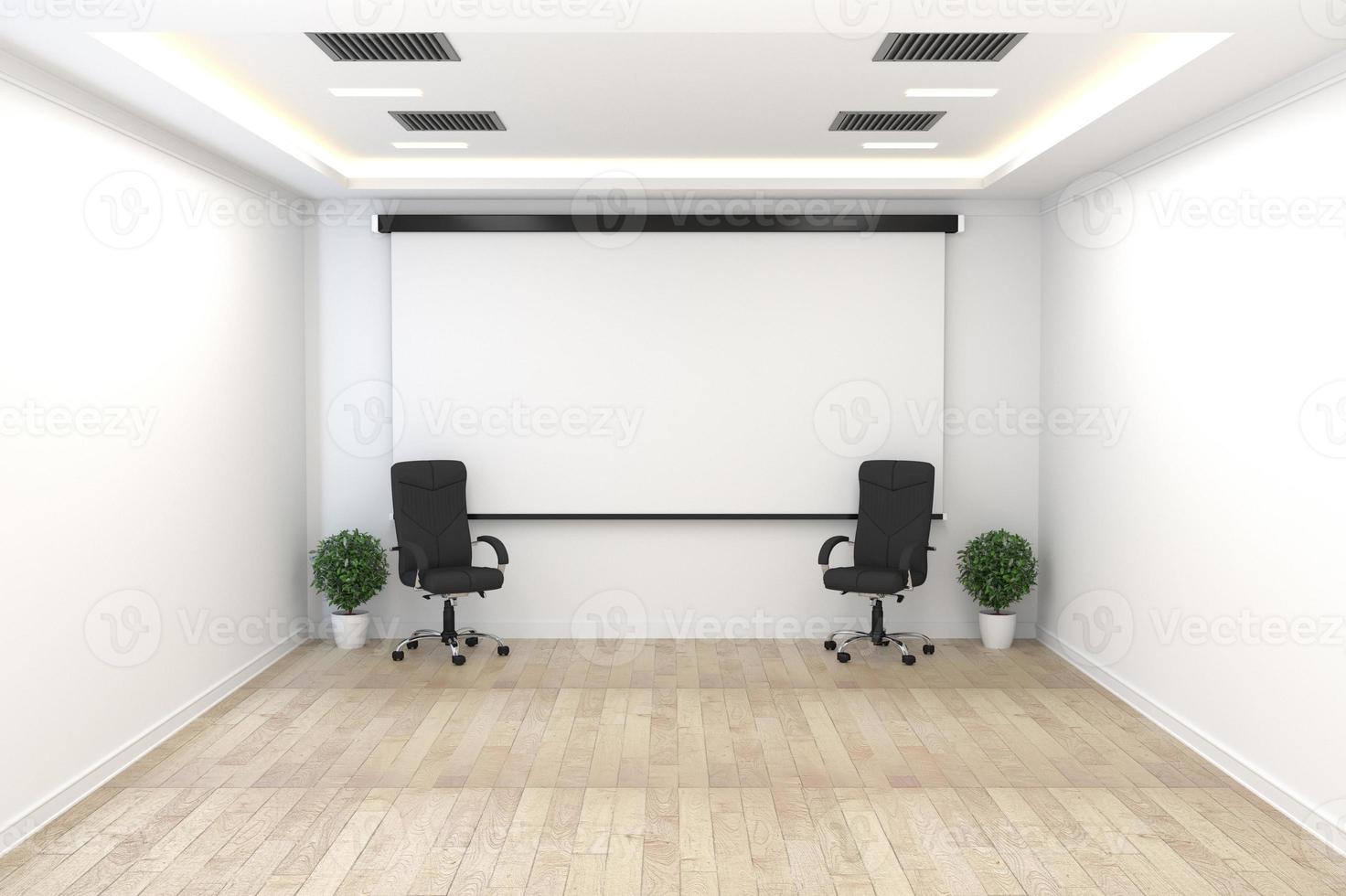 sala riunioni - concetto di ufficio vuoto, interni di affari con sedie e piante e pavimento in legno su parete bianca vuota. rendering 3d foto