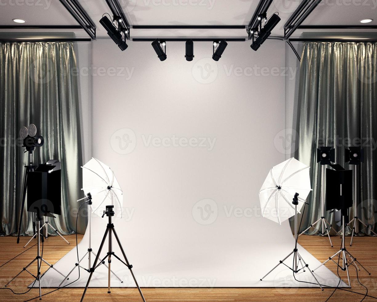 studio big - moderno studio cinematografico con schermo bianco. rendering 3d foto