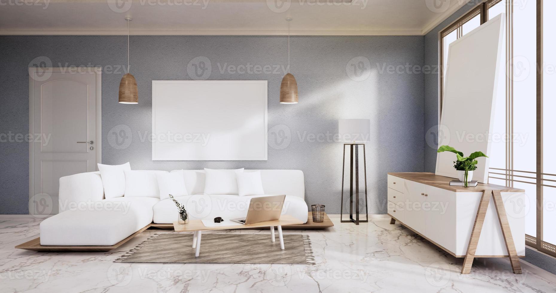 interno,soggiorno moderno e minimalista con divano e armadio,piante,lampada su parete blu e pavimento in piastrelle di granito.rendering 3d foto