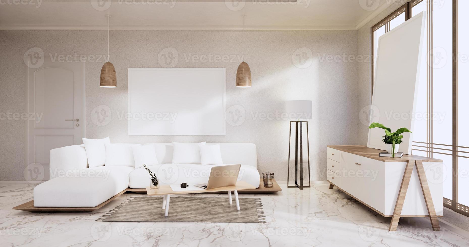 interno,soggiorno moderno e minimalista con divano su parete bianca e pavimento in piastrelle di granito.3d rendering foto