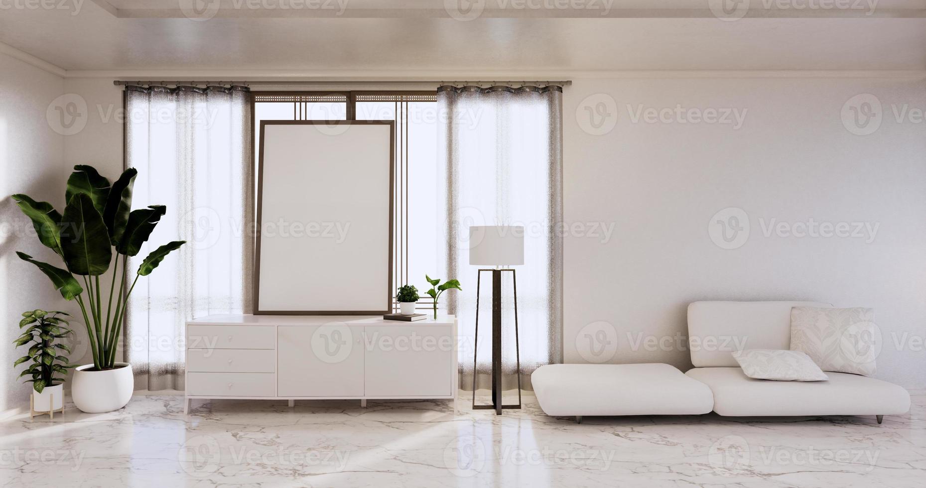 interno,soggiorno moderno e minimalista con divano e armadio,piante,lampada su parete bianca e pavimento in piastrelle di granito.rendering 3d foto