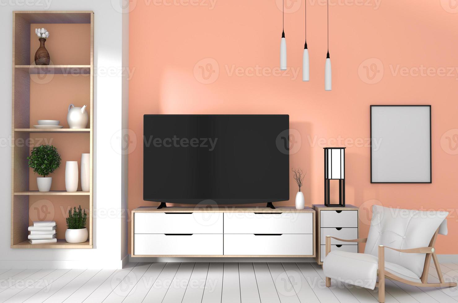 mobile tv su pavimento in legno bianco e parete bianca, interni minimalisti e zen del soggiorno in stile giapponese.rendering 3d foto