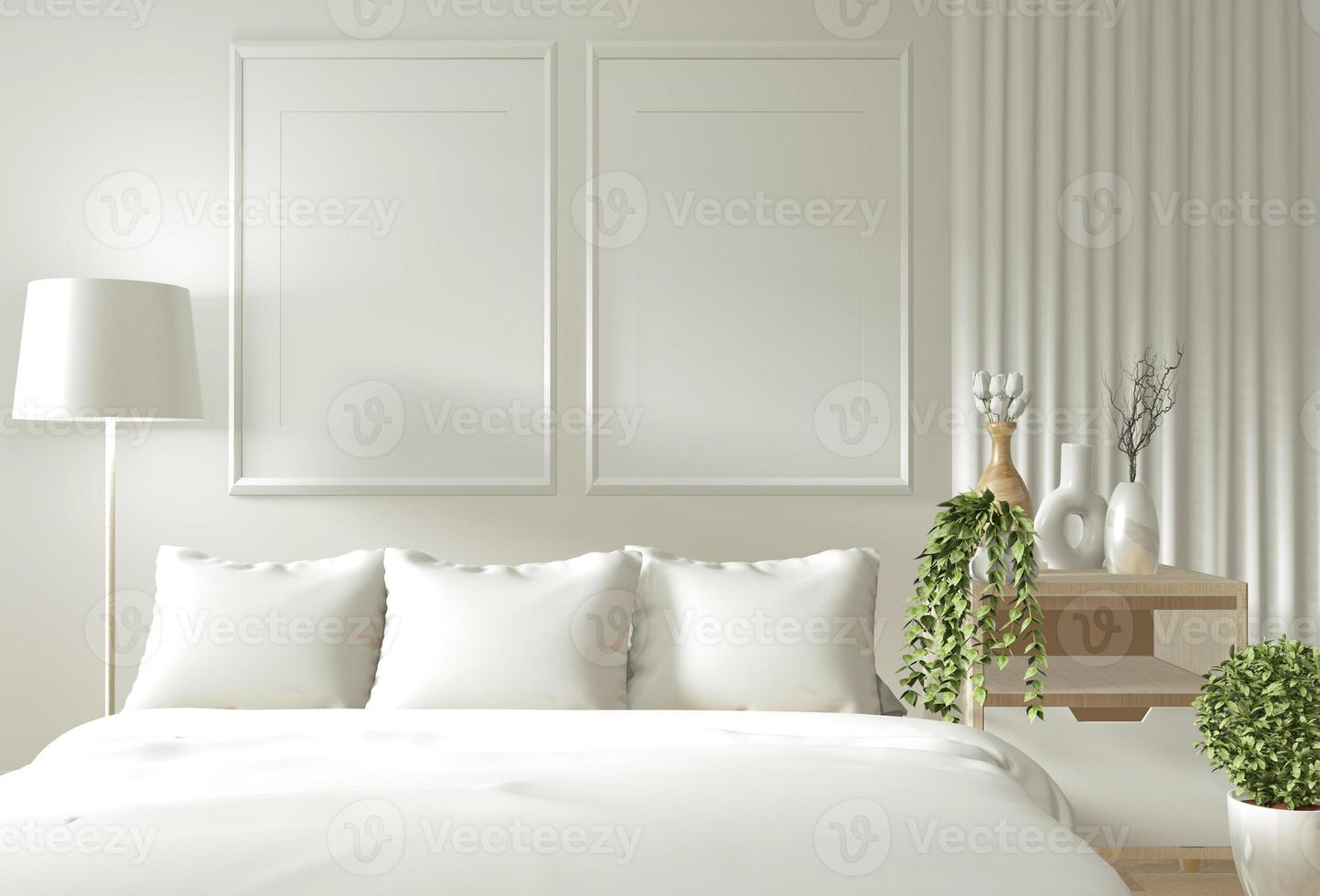 parete interna della casa mock up con letto in legno, tende e decorazioni in stile giapponese in camera da letto zen dal design minimale. rendering 3D. foto