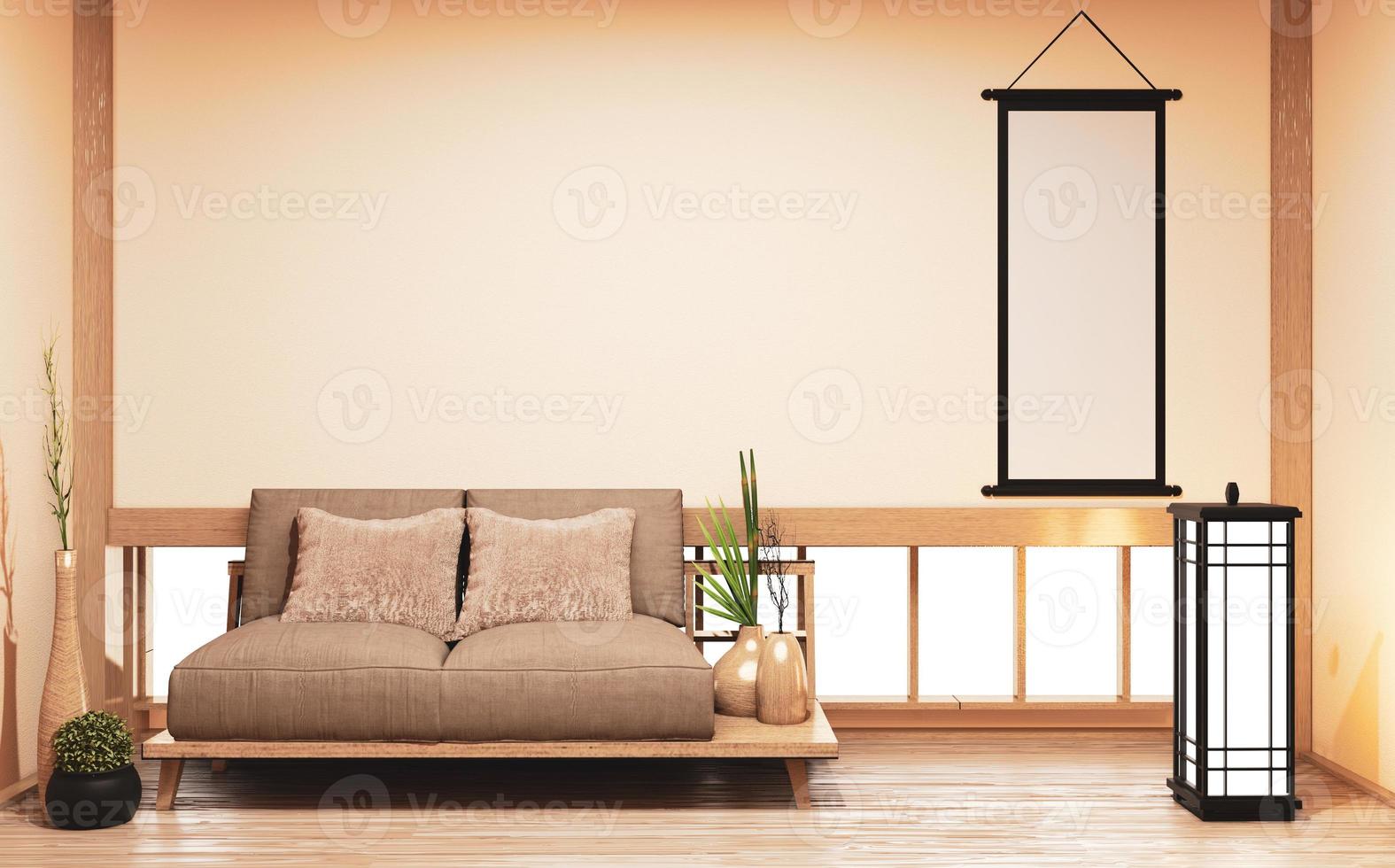 divano in legno design giapponese, pavimento in legno giapponese in camera e lampada decorativa e vaso per piante.3d rendering foto