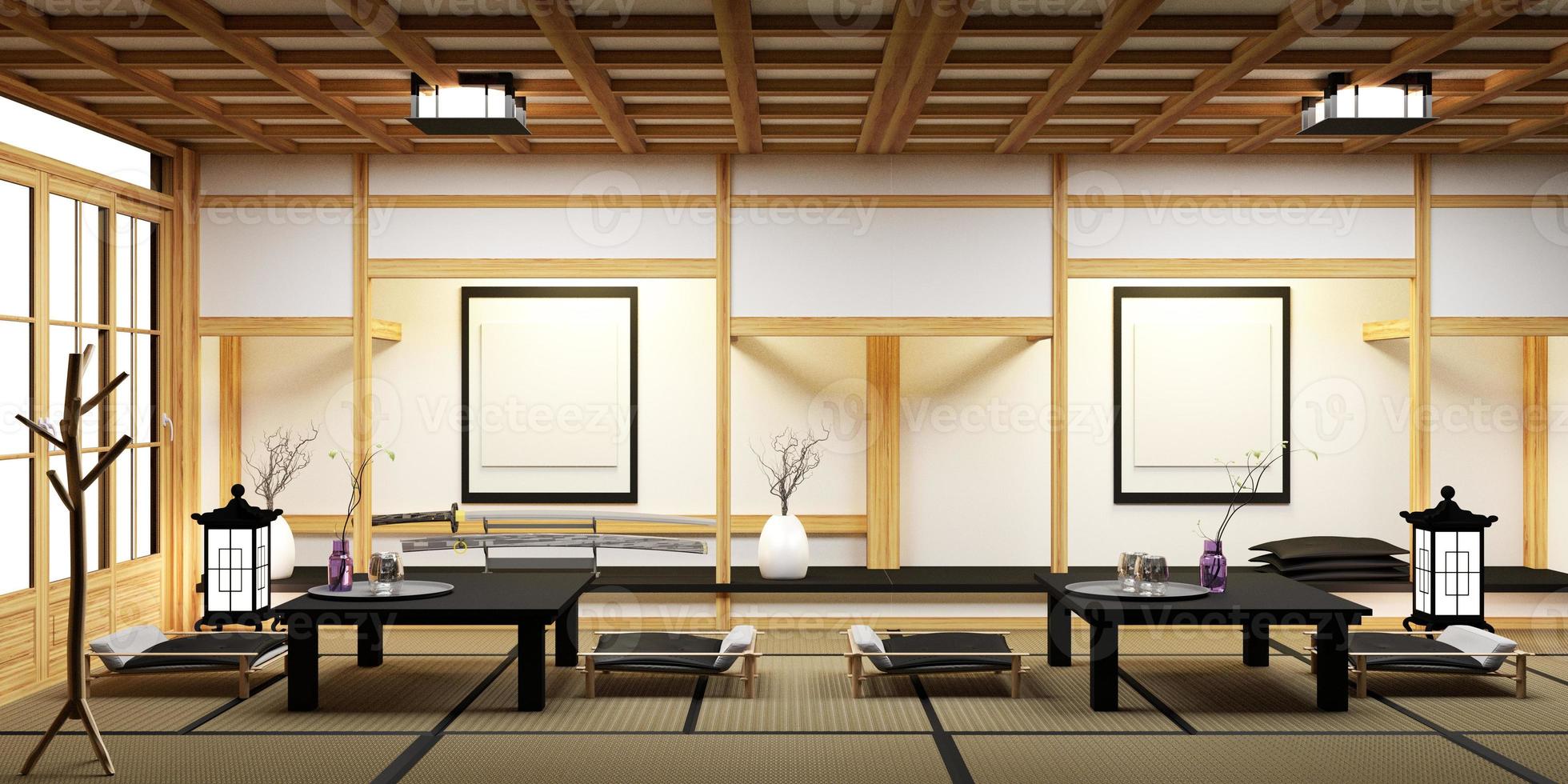 soggiorno con bonsai su tavolo basso, pavimento in legno e tatami. rendering 3d foto