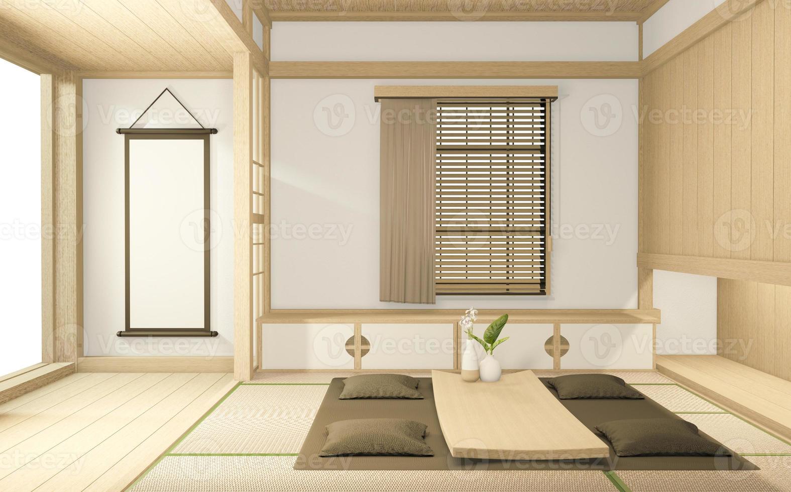 mobile tv e poltrona stile giapponese su camera ryokan design minimal. rendering 3d foto