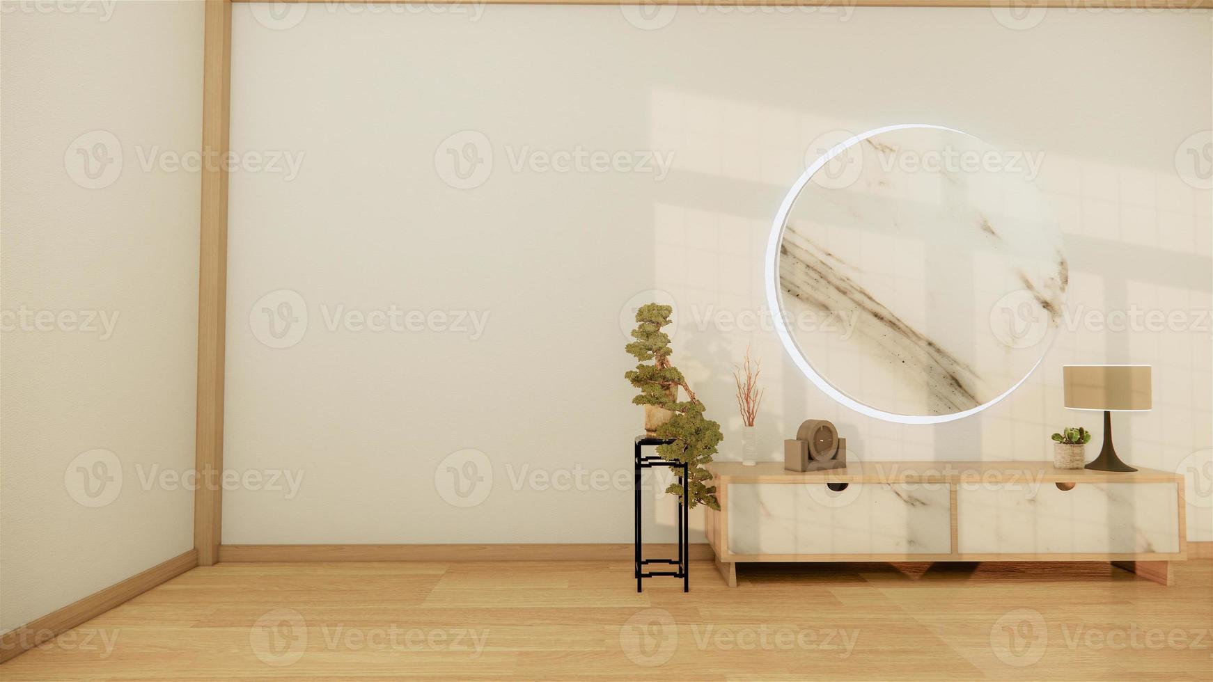tv su mobile in legno in una moderna stanza vuota e parete bianca su pavimento bianco stanza in stile tropicale. rendering 3d foto
