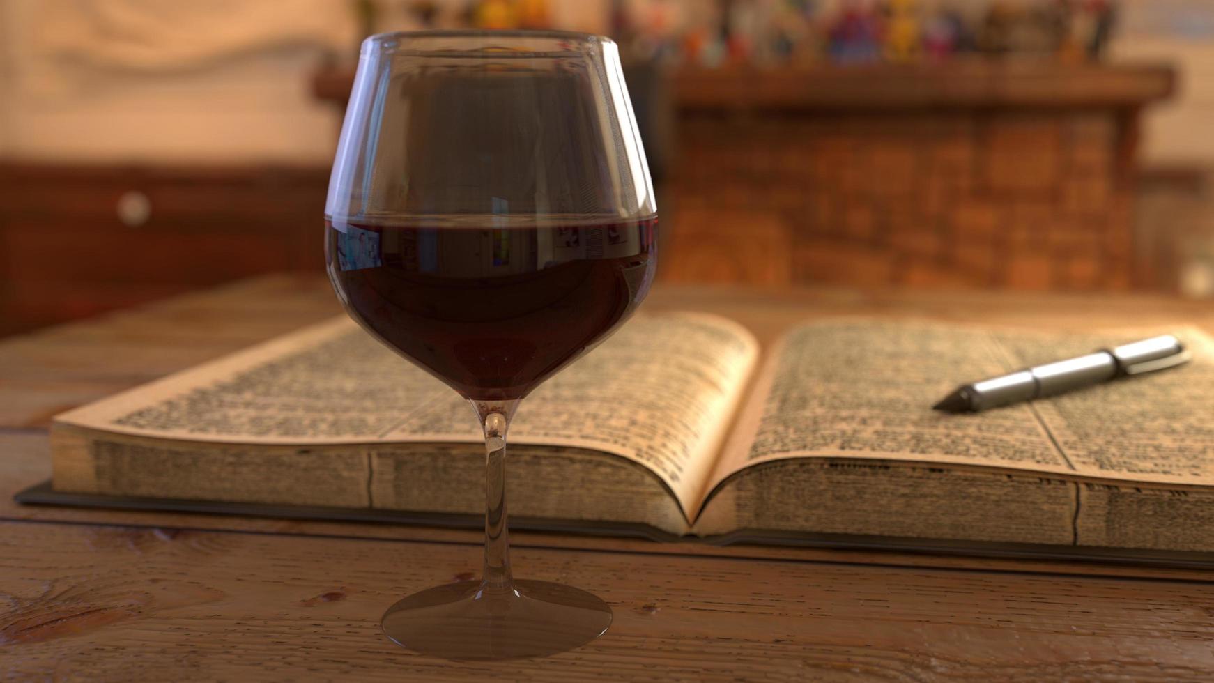 vino con sfondo libro e penna. rendering 3d foto