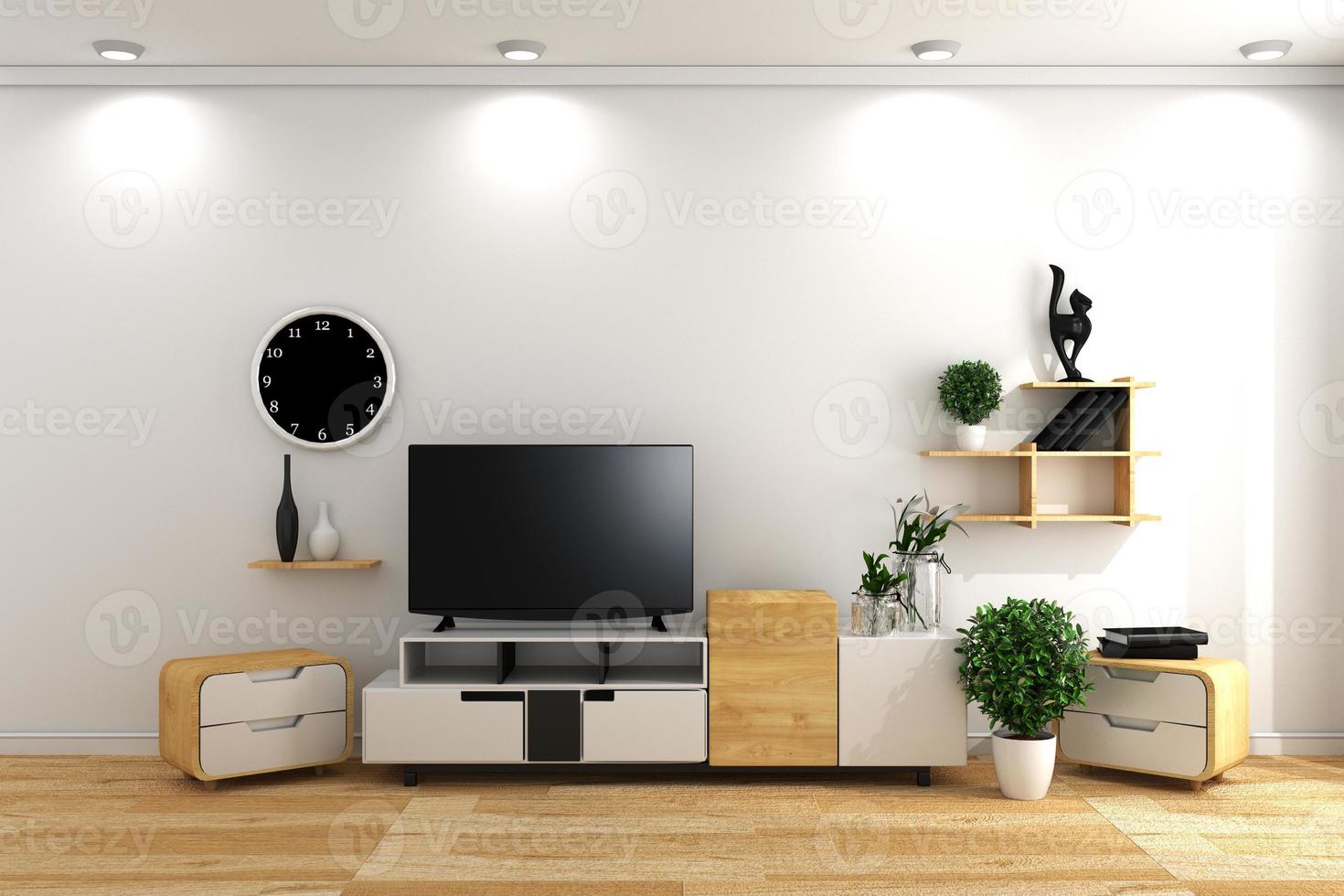 smart tv in moderno bianco stanza vuota interior design minimale - stile giapponese. rendering 3d foto