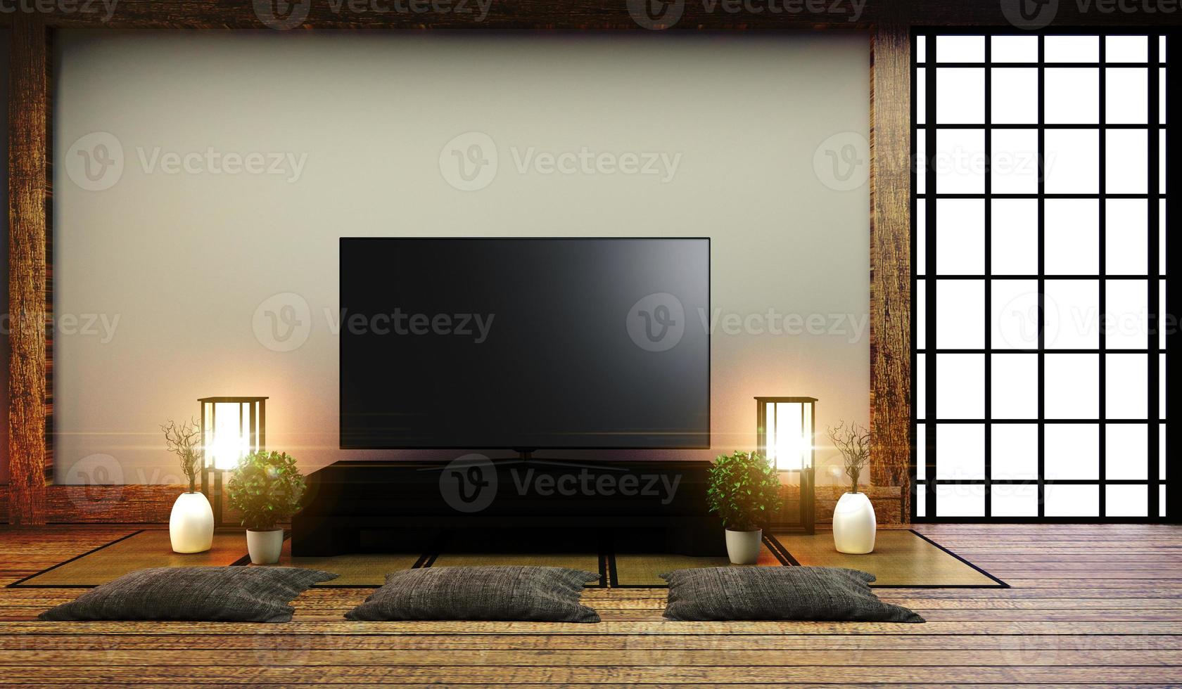 tv giappone - smart tv sul tavolo in camera in stile giapponese con lampada e albero bonsai. rendering 3d foto