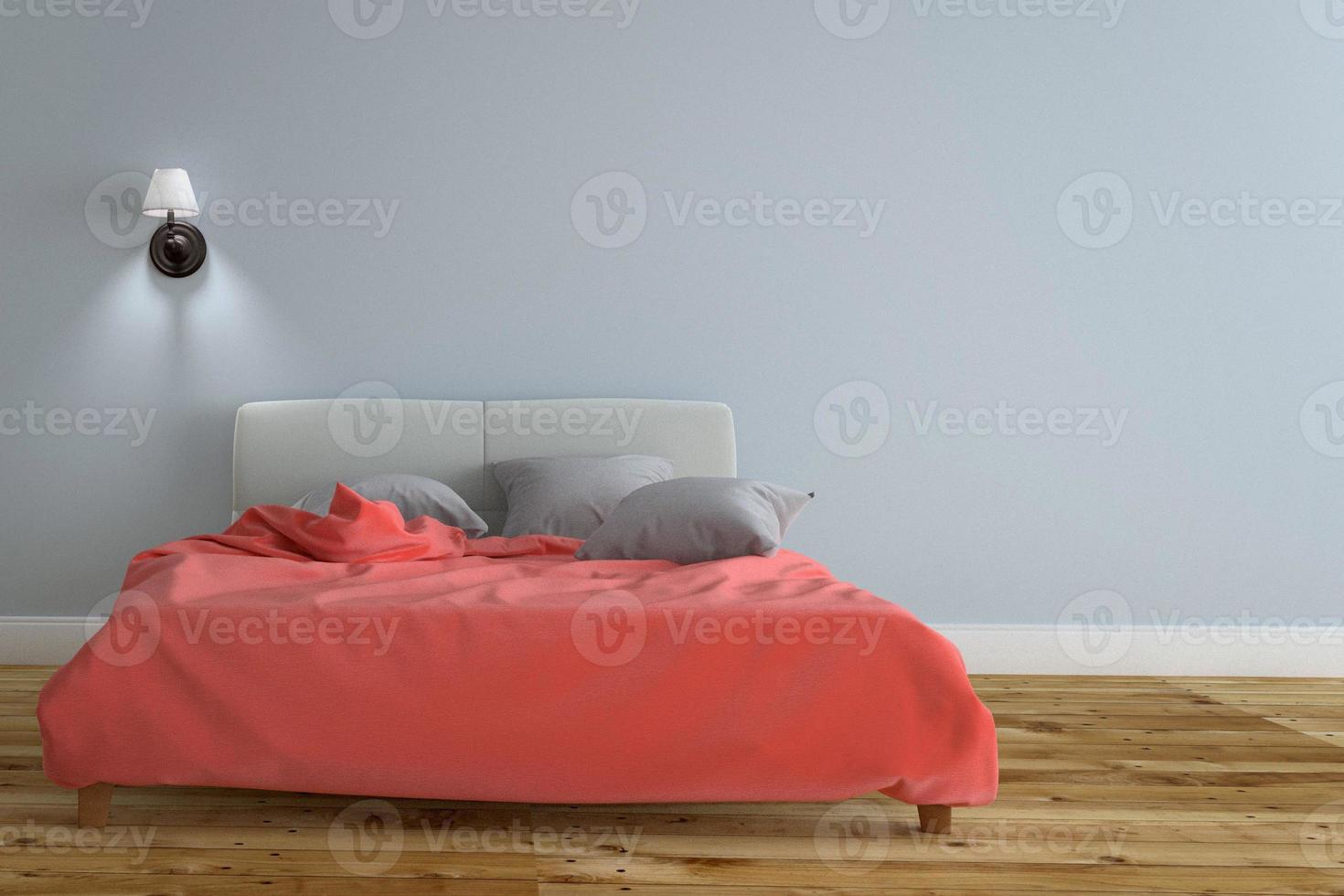 interno della camera da letto con lampada nera e letto rosso chiaro, pavimento in legno su fondo azzurro della parete. rendering 3d foto